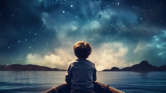 Child on a boat with night sky, kids dreaming of adventure