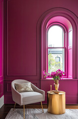 modern interior design, accent wall in a vibrant magenta color with an arched window and a gold side table