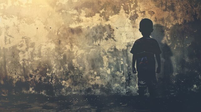 silhouette of a kid on old rustic wall with copy space for missing dhildrens day concept