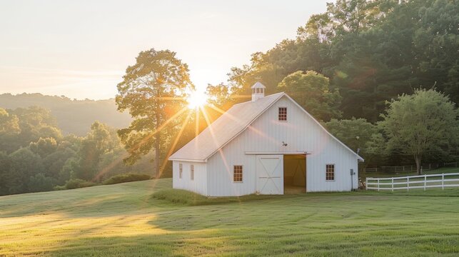 white rustic barn, illuminated, pastel spring vibes, minimalistic photography