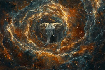 Baby elephant peeking into our world from a cosmic dimension, nebulae swirling, photorealistic image  ,high resulution,clean sharp focus
