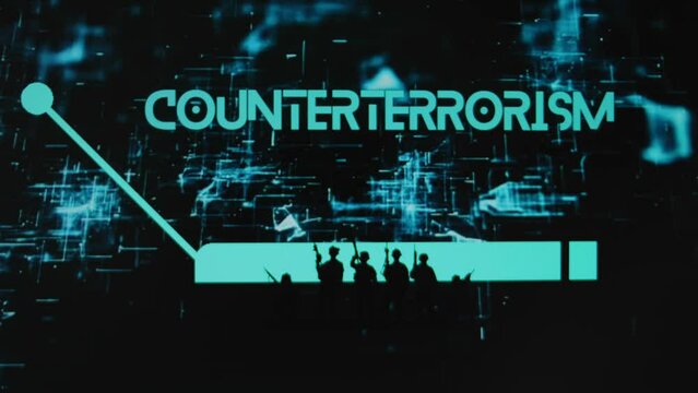 Counterterrorism inscription on black background with neon holograms. Graphic presentation with silhouettes of a group of soldiers fully equipped. Military concept