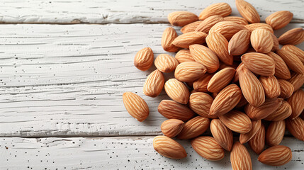 Heap of raw almonds on a white rustic wooden background. - obrazy, fototapety, plakaty