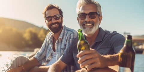 Senior friends toasting beer bottles near water at sunset. Generative AI.