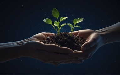Abstract 3d hands holding soil with sprout. Digital vector wireframe of plant in dark blue. Growth, environment, nature, ecology concept. Polygonal mesh with dots, lines, shapes and glowing stars, Ver