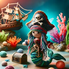 Crocheted Pirate Mermaid with Underwater Treasures