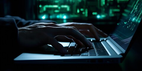 Hands of hacker coding computer virus on laptop, symbolizing cybersecurity and data protection. Generative AI.