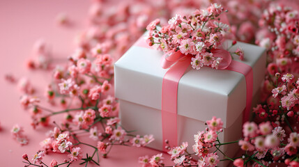 Gift box with pink ribbon surrounded by baby's breath flowers on a pastel background.
