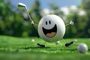 Funny golf ball character with a golf club raised in celebrating a hole in one.
