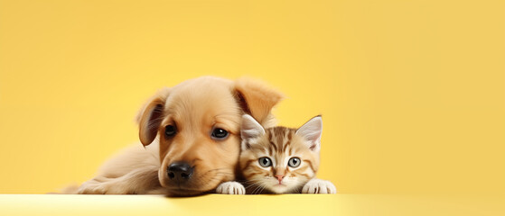 Cat and dog together, banner.