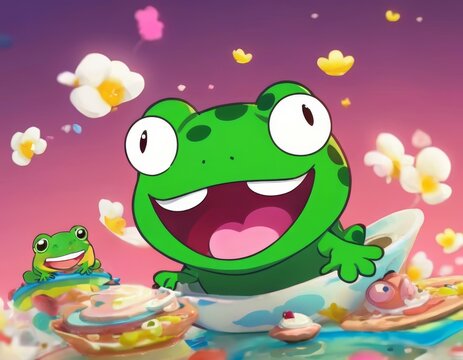 A vividly colored cartoon frog exudes joy among floating cookies and flowers, creating a heartwarming scene suitable for children's illustrations or fantasy themes.