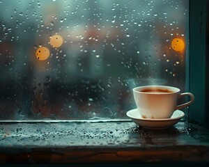 Obraz premium Cozy Coffee Cup on Rainy Windowsill Capturing the Comfort of a Stormy Day