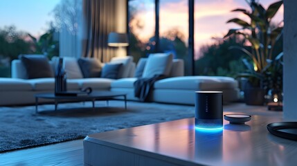 Activated Voice Assistant Device in Cozy Living Room with Responsive Technology