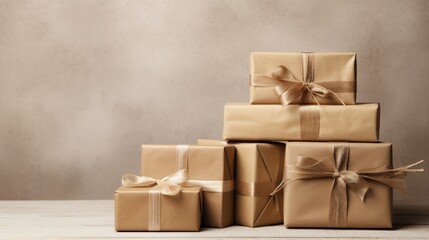 A festive stack of packages wrapped in brown paper a