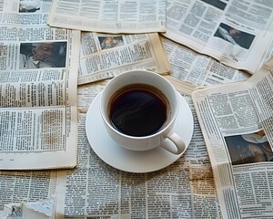 Staying Informed Over Morning Coffee with Newspaper Spread on Desk