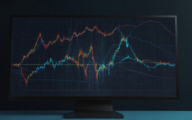 Abstract growing graph chart on a computer monitor screen. Finance growth. Digital arrows up and diagram. Investment or business strategy. Low poly wireframe vector illustration on a blue , Very reali