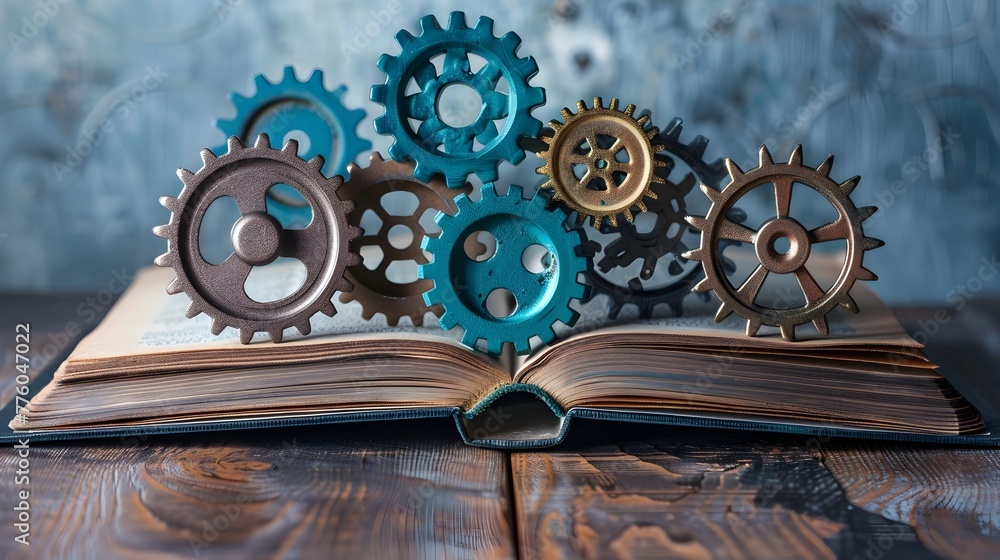 Poster gears and cogs emerging from an open book,a metaphor for knowledge driving the machinery of the mind