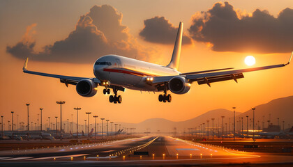 A commercial airliner moments before landing during the golden hour