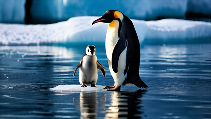 Obraz premium penguin on ice and water playing with their kid