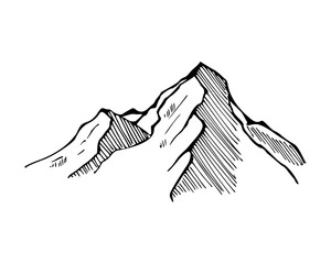 Vector sketch of mountains. Hand drawn illustration with black ink on isolated background. Nature engraving. Monochrome drawing of rocky peaks in line art and doodle style