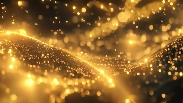 Abstract golden glittering lights background with waves of sparkles.