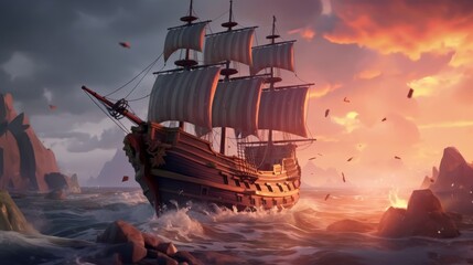 a Pirate Ship. Concept Animation, Pirate Ship, High - Seas, Adventure, Treasure Hunt - obrazy, fototapety, plakaty