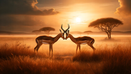 Two impalas engaging in a tender moment in their natural savannah habitat. The scene is set during the golden hour, with the sun