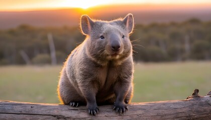 A-Wombat-Sitting-On-A-Log-And-Watching-The-Sunrise- - obrazy, fototapety, plakaty