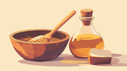 Wooden bowl and honey stick illustration 2d flat ca