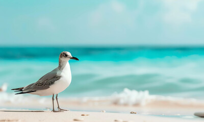 A beautiful beach white sand beach and turquoise water with a seagull. Holiday summer beach background.  - 776047884