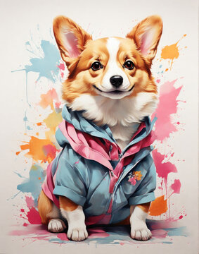 Adorable drawing of a cute corgi doggy. Retro t-shirt art style painting at white background