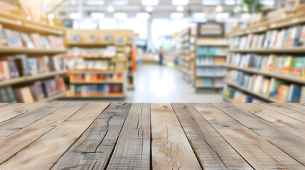 An empty wooden table with a soft-focused background of bookshelves in a well-lit bookstore.
