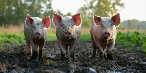 Ecological pigs and piglets at the domestic farm. Generative AI. - obrazy, fototapety, plakaty