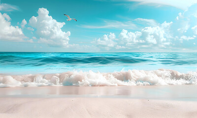 A beautiful beach white sand beach and turquoise water with a seagull. Holiday summer beach background.  - 776048606