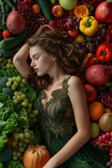 Fototapeta na wymiar Young woman dressed in a dress lies among vegetables and fruits. Vegetarian food concept. Generative AI.