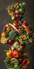 Naklejka na ściany i meble Man made of vegetables and fruits on a clean background. Healthy lifestyle, Generative AI.