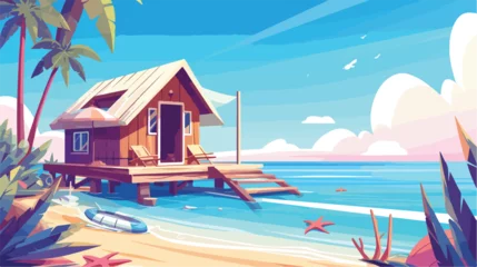 Foto op Canvas Wooden hut on the beach illustration 2d flat cartoo © iclute