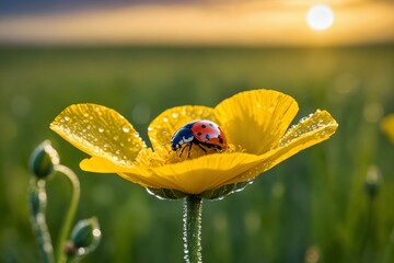 Marienkäfer auf einer gelben Mohnblume in Tautropfen