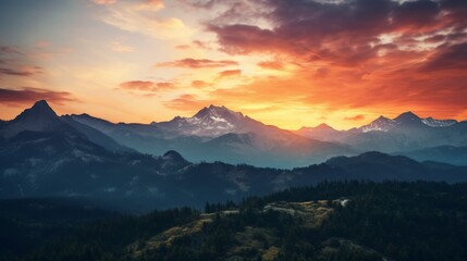 Panoramic view of the majestic mountains at sunset