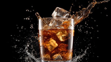 A refreshing soda drink or cola, served with ice cubes.