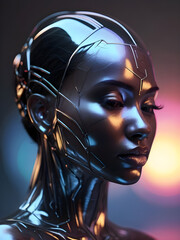 Portrait of a beautiful black woman as the futuristic Science fiction human robot with a touch of surrealism.