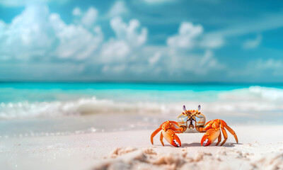 A beautiful beach white sand beach and turquoise water with a crab. Holiday summer beach background.  - 776049636