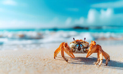 A beautiful beach white sand beach and turquoise water with a crab. Holiday summer beach background. 