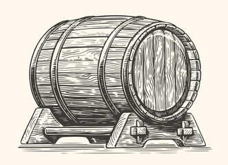 Hand drawing wood barrel. Cask, keg sketch vintage vector illustration - obrazy, fototapety, plakaty