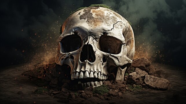 A rotted skull with bones, with the remains of earth.
