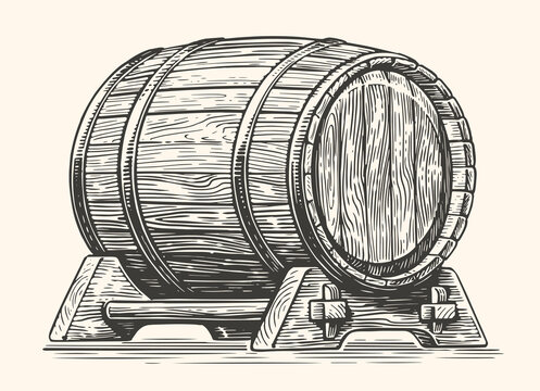 Hand drawing wood barrel. Cask, keg sketch vintage vector illustration