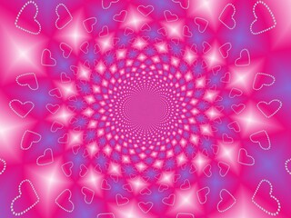 Abstract background and pattern with hearts of white flowers - occasional and decorative composition with effect of rays of lights depth and space in pink, white and blue colors.