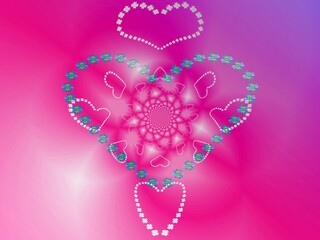 Abstract background and pattern with hearts of white flowers - occasional and decorative composition with effect of rays of lights depth and space in pink, white and blue colors.