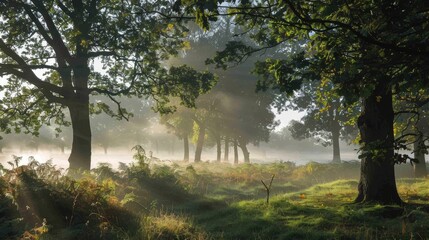 Morning mist enveloping a woodland setting AI generated illustration - obrazy, fototapety, plakaty