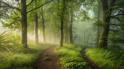 Obraz premium Morning mist enveloping a woodland setting AI generated illustration